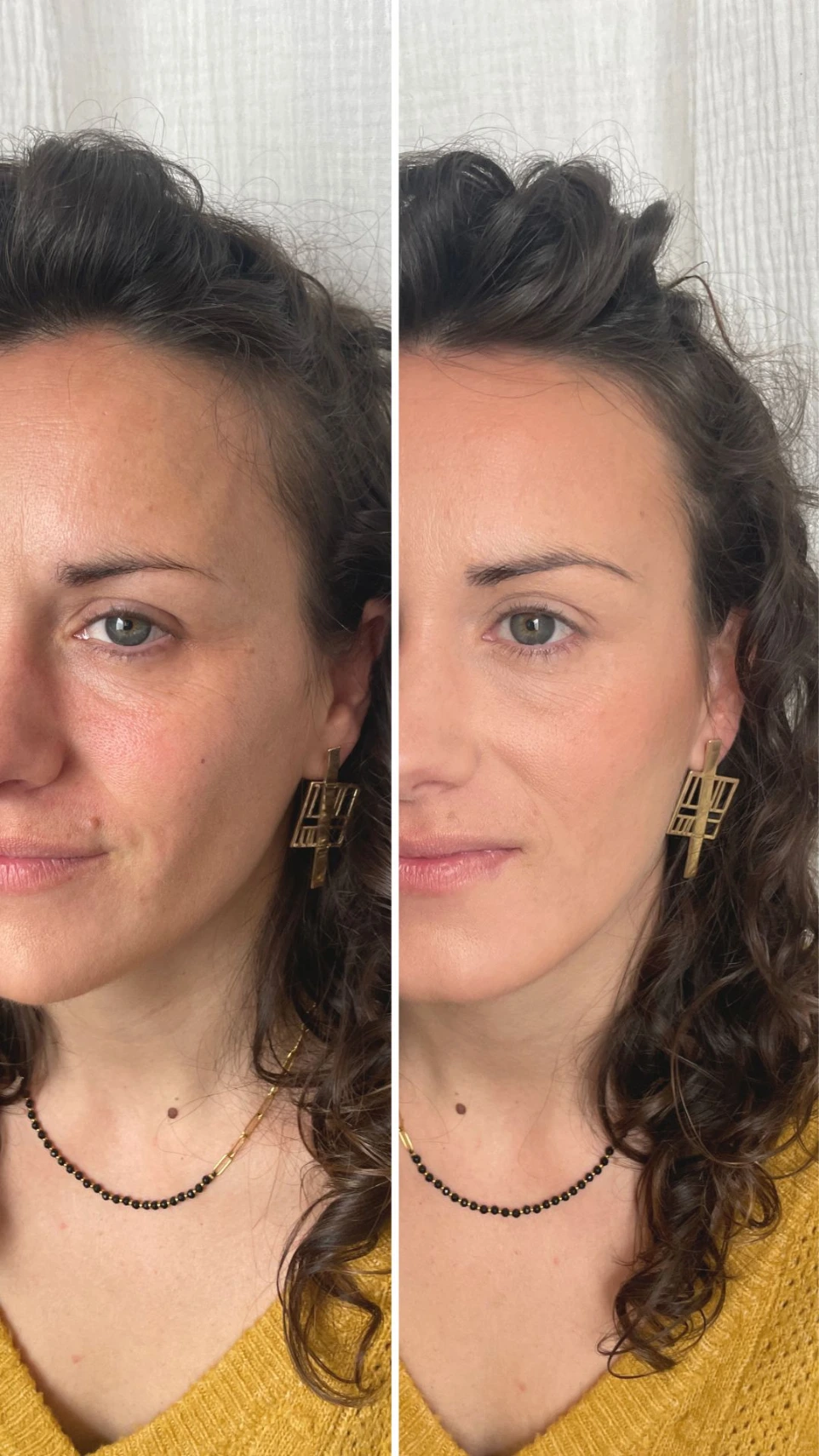 Avant après maquillage teint naturel réalisé lors d’un atelier au Mans, résultat lumineux et adapté à la peau pour un effet naturel.